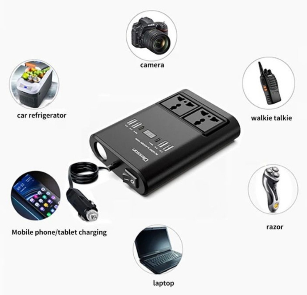 محول 150 وات بمنفذ ولاعة السيارة - لتشغيل الأجهزة الكهربائية وب 6 منافذ شحن وشاشة رقمي